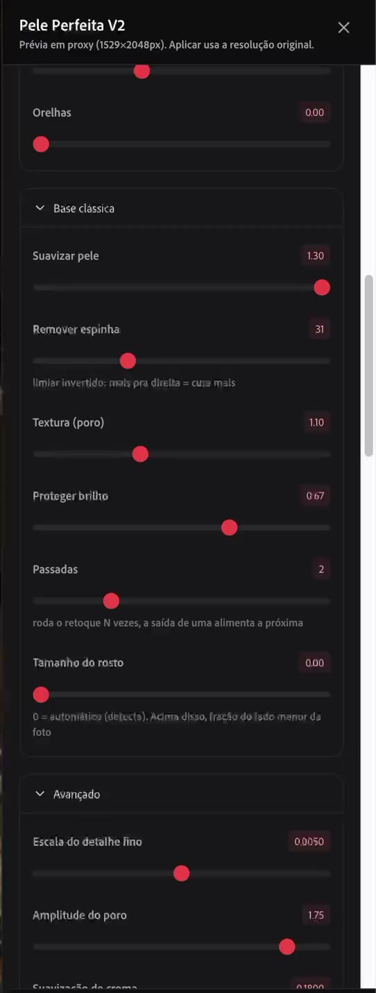 Bloco Base clássica com Suavizar pele, Remover espinha, Textura, Proteger brilho e Passadas