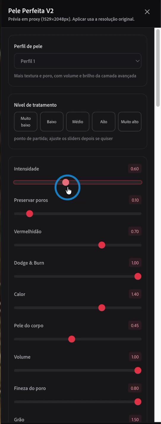 Painel com a Intensidade baixada para 0,60 no fim do vídeo