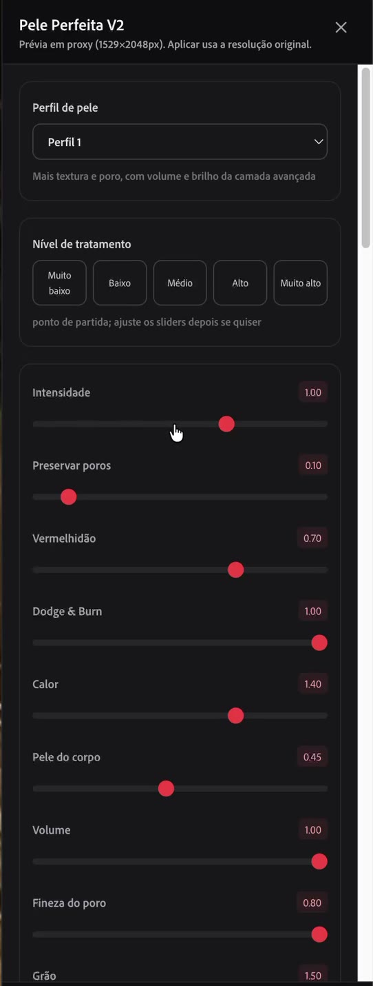 Painel do Pele Perfeita V2 com o Perfil 1 selecionado e os controles principais, de Intensidade a Grão